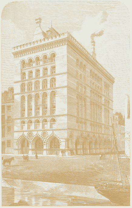 A gold-toned engraving of The Granary, its tall arched facade rising above the quayside