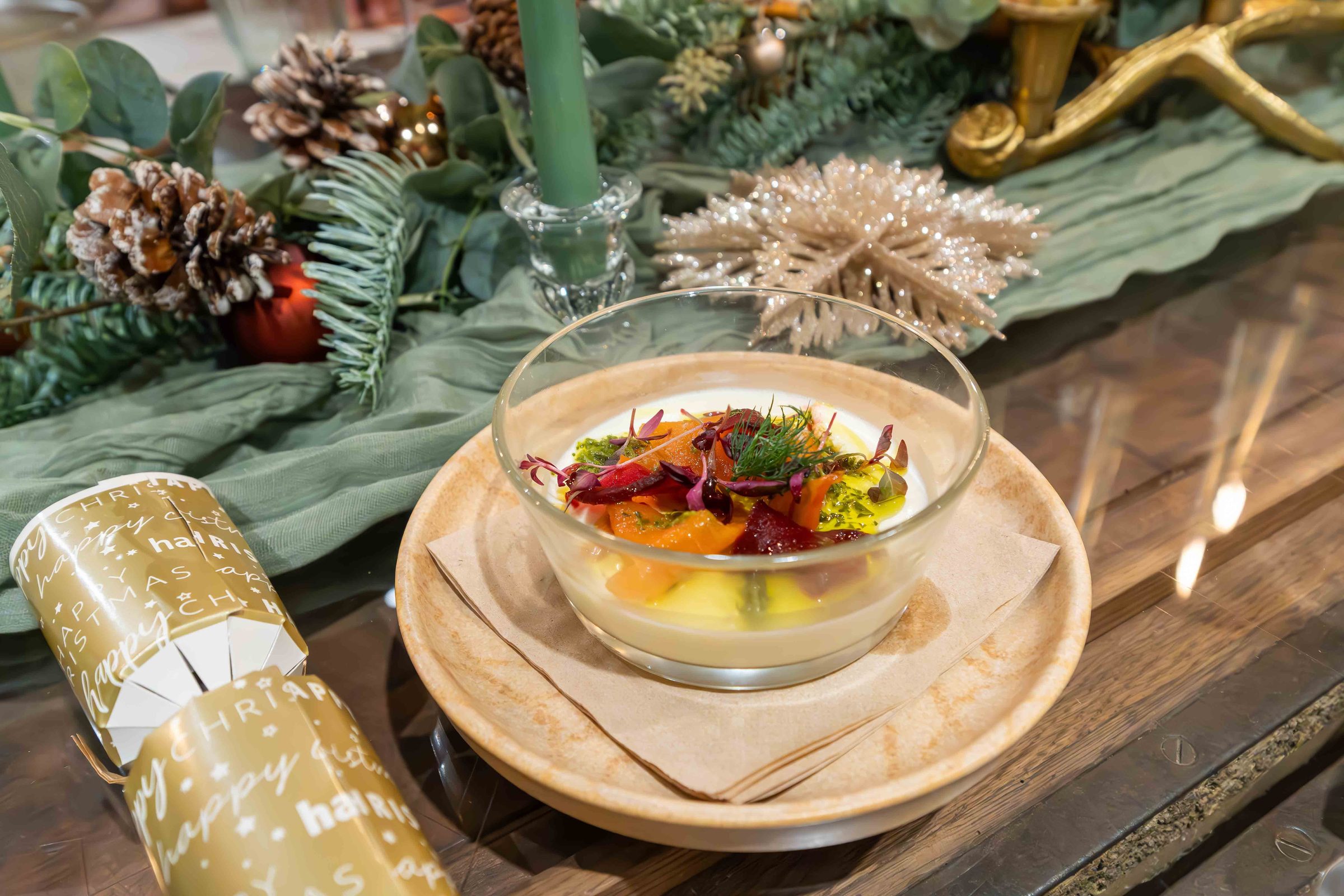 A festive dessert served beside a Christmas cracker at The Granary